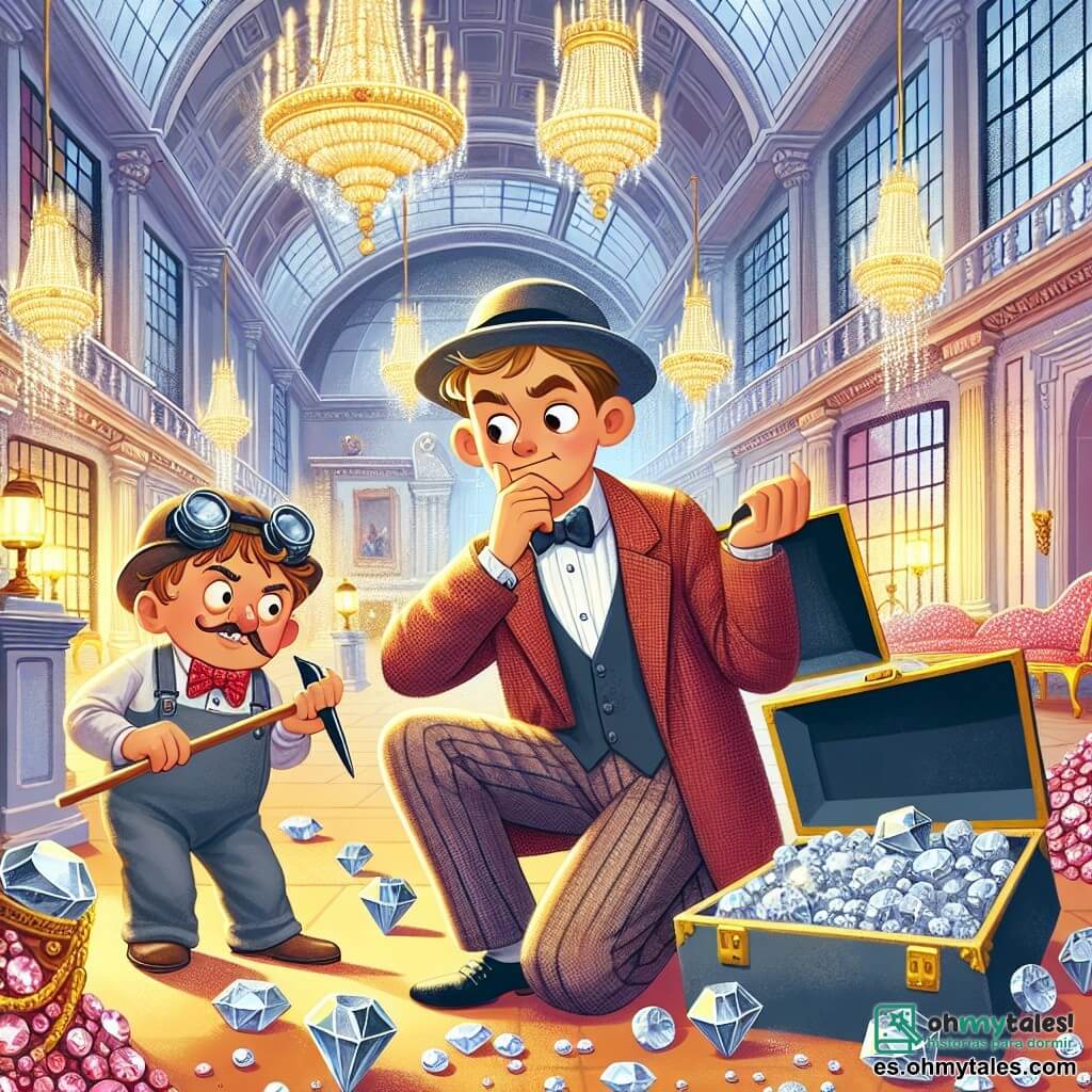 Une illustration destinée aux enfants représentant un homme astucieux et déterminé résolvant un mystère avec l'aide d'un jardinier suspect dans un musée majestueux rempli de pierres précieuses étincelantes.