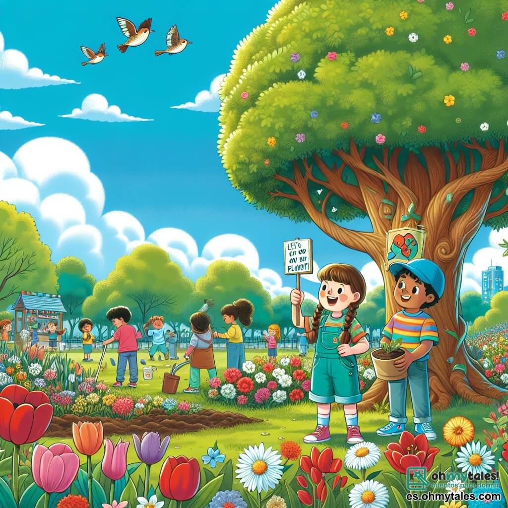 Ilustración que representa un parque verde en primavera, lleno de flores coloridas - tulipanes rojos, margaritas blancas y narcisos amarillos, con un gran árbol en el centro, cuyas ramas están cargadas de hojas verdes brillantes. En primer plano, una niña de 9 años, con largas trenzas castañas, lleva una camiseta colorida y un short de mezclilla. Sostiene un pequeño cartel de cartón que dice "¡Protejamos nuestro planeta!" y sonríe con entusiasmo. A su lado, un niño de 9 años, con una gorra azul y una camiseta a rayas, mira el cartel con admiración mientras sostiene un pequeño balde lleno de tierra para plantar flores. En el fondo, otros niños de diferentes edades recogen basura y plantan flores, creando una atmósfera de camaradería y compromiso con el medio ambiente. El cielo es de un azul brillante, salpicado de algunas nubes blancas, y aves vuelan alegremente sobre ellos, simbolizando el regreso de la naturaleza.