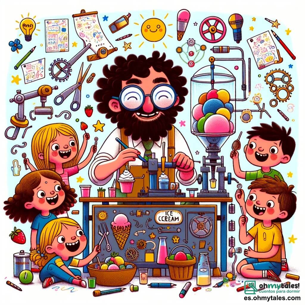 Une illustration sous forme de dessin destinée aux enfants représentant un atelier magique rempli d'outils colorés et de dessins éparpillés, où un homme joyeux avec des lunettes rondes et une barbe ébouriffée ajuste une machine à faire des helados, entouré de trois enfants : une fille aux cheveux bouclés et une robe rose qui tient des fraises, un garçon aux cheveux bruns et un t-shirt bleu qui sourit en tenant un bol, et une autre fille avec des tresses et un pull jaune qui observe avec émerveillement, tous impatients de voir leur invention prendre vie dans une ambiance de créativité et de rires.