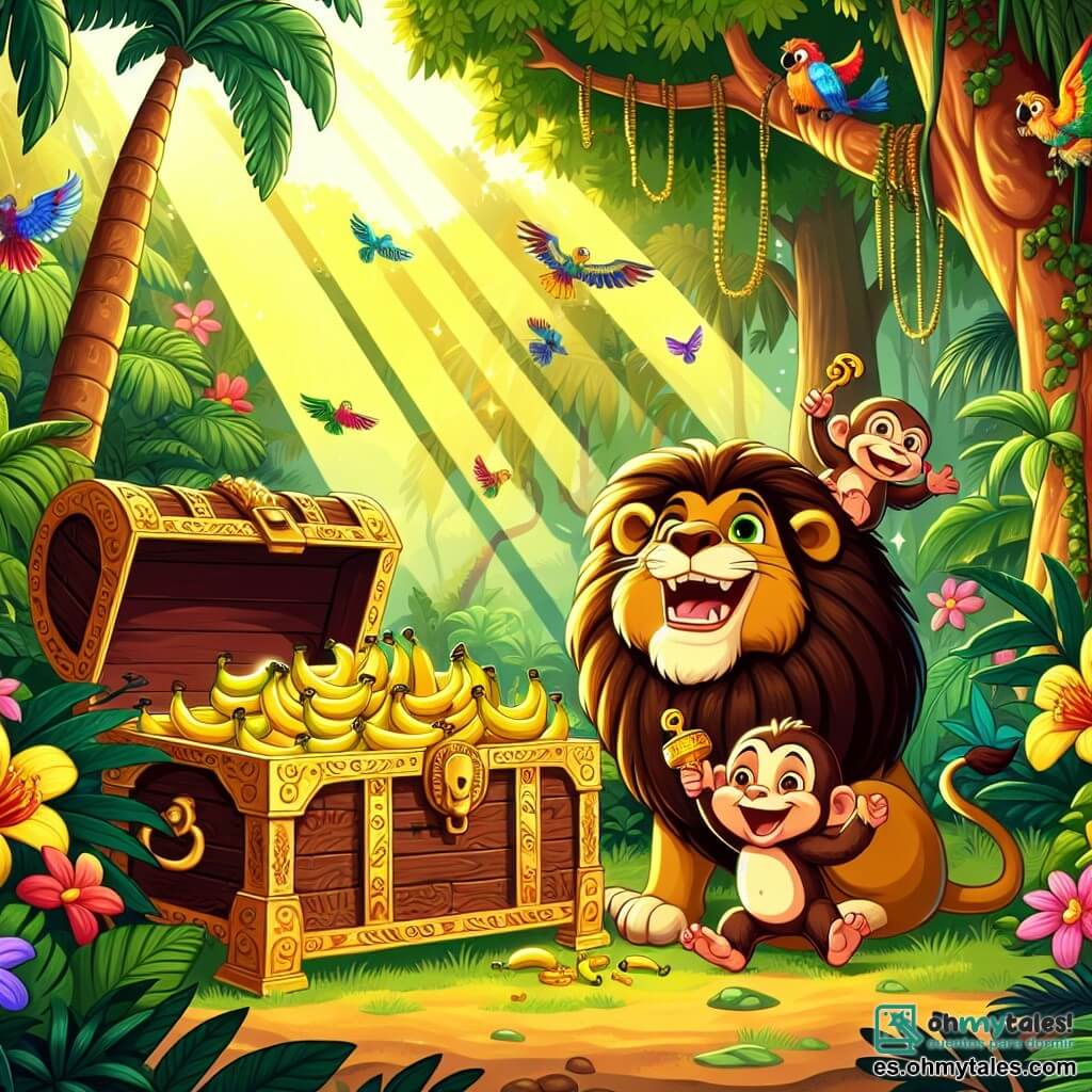 Ilustración que representa una escena colorida en una jungla exuberante, con grandes árboles de hojas verdes brillantes, flores tropicales de colores vivos y rayos de sol filtrándose a través del follaje. En el centro, un majestuoso león con melena dorada y ojos chispeantes de curiosidad está sentado frente a un cofre de madera antigua, decorado con motivos dorados, que acaba de abrir. A su lado, un pequeño mono travieso con pelaje marrón y ojos pícaros, que salta de alegría sosteniendo una llave dorada en sus pequeñas patas. La escena principal muestra al león y al mono riendo juntos, rodeados de plátanos dorados que desbordan del cofre, creando una atmósfera alegre y amistosa. Pájaros coloridos vuelan a su alrededor, añadiendo un toque de vida a esta escena divertida y llena de aventuras.