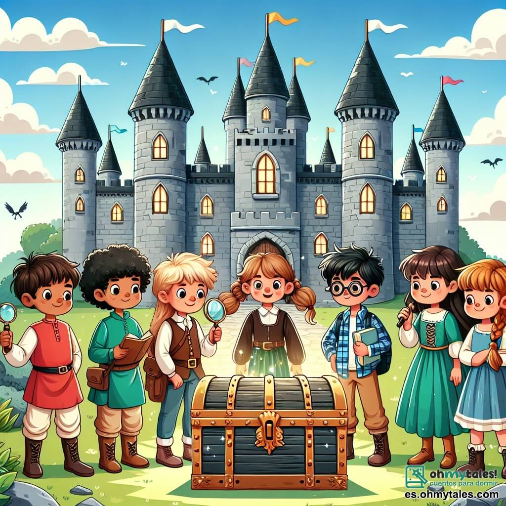 Ilustración que representa un antiguo castillo medieval majestuoso, con grandes torres de piedra gris, banderas ondeando al viento y un cielo azul salpicado de nubes blancas. En primer plano, un grupo de siete niños está frente al castillo: un niño de 10 años, con cabello castaño desordenado y una sonrisa radiante, vestido con una túnica roja y pantalones beige, luciendo maravillado; una niña de 9 años, con trenzas rubias, llevando una lupa y un vestido verde, observando atentamente a su alrededor; un niño de 11 años, con gafas redondas y cabello castaño, vestido con una camisa de cuadros, sosteniendo un pequeño cuaderno; una niña de 10 años, con cabello rizado y un vestido azul, sosteniendo un pequeño escudo de madera, lista para defender a sus amigos. Todos están reunidos alrededor de un gran cofre antiguo, cubierto de hiedra, que acaba de ser abierto, dejando escapar una luz dorada y libros antiguos. La expresión de sus rostros está llena de curiosidad y emoción, mientras descubren un tesoro de conocimientos. Al fondo, árboles verdes y flores coloridas añaden un toque de magia a la escena, mientras pájaros vuelan en el cielo, simbolizando la aventura y la libertad.