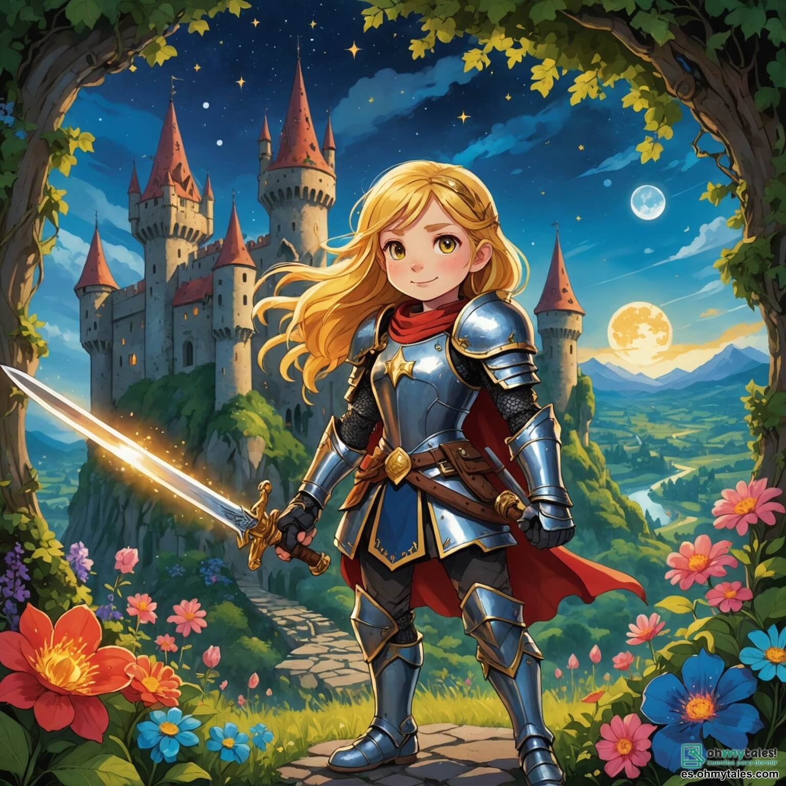 Une illustration destinée aux enfants représentant une courageuse chevaleresse aux cheveux dorés, brandissant une épée scintillante sous un ciel étoilé, se tenant fièrement devant un vieux château en ruines, entouré de lianes verdoyantes et de fleurs colorées, tandis qu'un troll aux yeux flamboyants, personnage secondaire, se tient en travers de son chemin, dans un mystérieux et enchanteur royaume où la magie et l'aventure se mêlent.