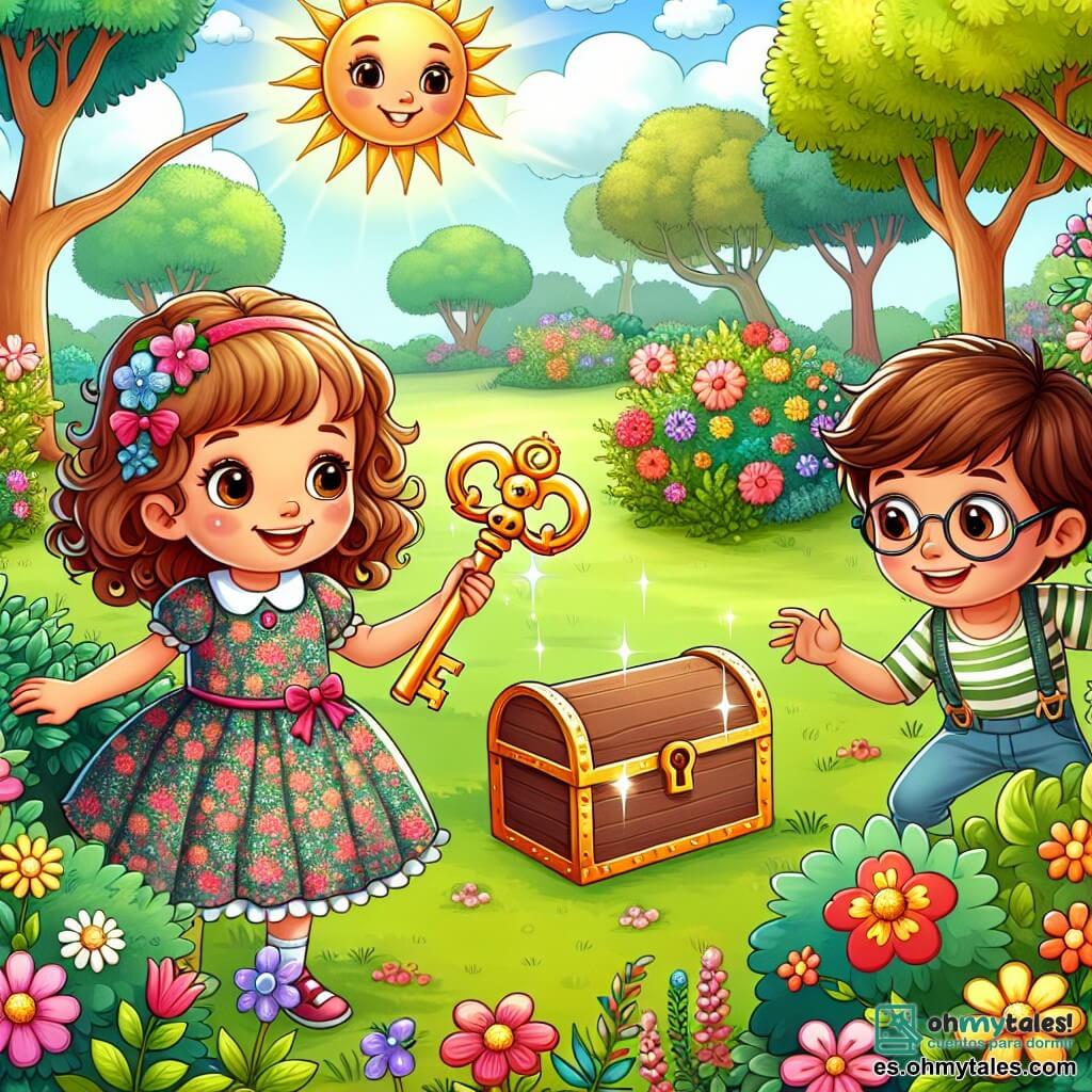Une illustration sous forme de dessin destinée aux enfants représentant un parc ensoleillé rempli de fleurs colorées et d'arbres majestueux, où une petite fille de 5 ans aux cheveux bouclés et aux yeux pétillants, vêtue d'une robe à motifs floraux, tient une clé dorée scintillante dans ses mains, entourée de deux amis : un garçon courageux aux cheveux bruns et une fille aux lunettes, tous deux souriants et intrigués, alors qu'ils découvrent un cofre mystérieux caché derrière un buisson, symbolisant leur quête d'aventure et d'amitié.