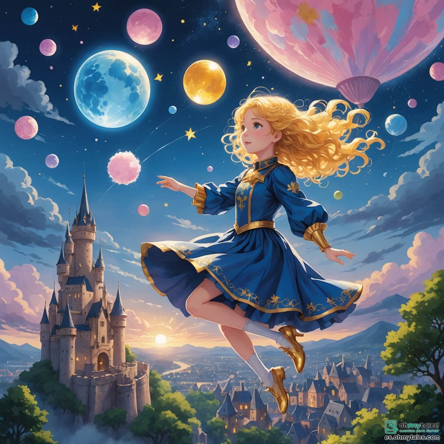 Une illustration destinée aux enfants représentant une jeune femme aux cheveux dorés scintillants comme des rayons de soleil, vêtue d'un costume bleu étoilé, qui vole courageusement au-dessus d'une ville magique où les arbres dansent et les nuages sont en sucre filé, tandis qu'elle s'apprête à sauver une petite fille aux boucles dorées, piégée dans une sphère d'ombre au cœur d'un château mystérieux entouré de brume sombre et de crépitements d'étoiles.