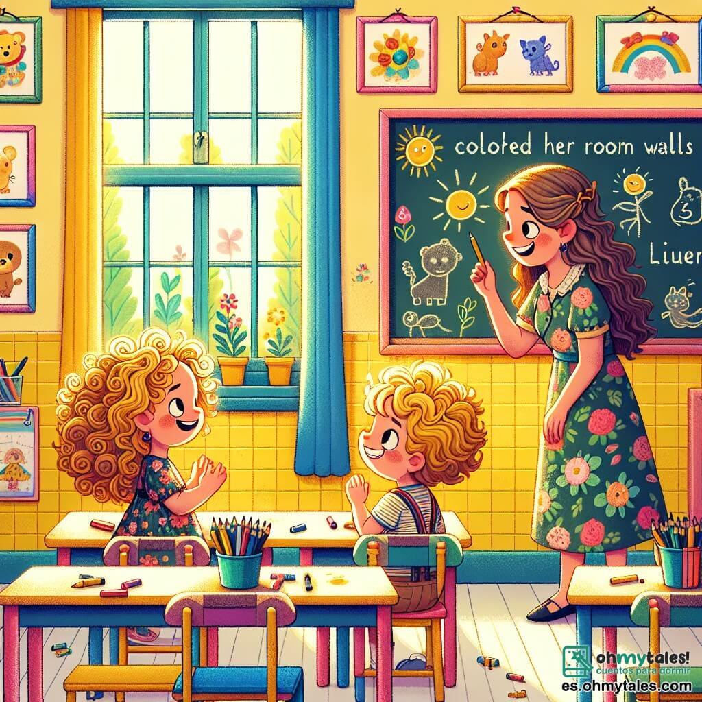 Ilustración que representa un aula luminosa y colorida, con paredes pintadas de amarillo y ventanas que dejan entrar la luz del sol. Al fondo, una pizarra negra con dibujos de animales y flores. En esta escena, una niña de cuatro años, con cabello rizado y dorado, lleva un vestido de flores y tiene una expresión preocupada en su rostro. A su lado, un niño de cuatro años, con grandes ojos marrones y cabello castaño, sonríe y le habla con ánimo. La situación principal muestra a la niña confesando a su mamá que pintó las paredes de su habitación, con una expresión de alivio, mientras que la mamá, una mujer dulce con cabello largo y castaño, la escucha con una sonrisa cariñosa. Lápices de colores esparcidos sobre los escritorios, niños sentados en círculo y un libro abierto sobre una mesa añaden un toque de vida a esta escena, simbolizando el aprendizaje y la importancia de la verdad.