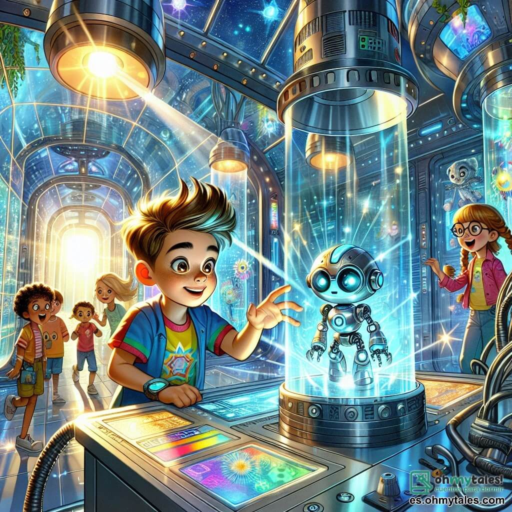 Ilustración que representa un laboratorio futurista, lleno de máquinas brillantes y hologramas coloridos. Las paredes son de vidrio transparente, dejando pasar una luz deslumbrante, mientras que plantas exóticas trepan por las estructuras metálicas. En el centro, un niño de 11 años, con el cabello despeinado y ojos chispeantes de curiosidad, se inclina sobre un panel de control, su rostro iluminado por luces brillantes. Lleva una camiseta colorida y un short, y parece concentrado en su tarea. A su lado, una pequeña criatura robótica de ojos amigables flota en el aire, emitiendo un resplandor azulado. Al fondo, dos niños, una niña de 10 años con trenzas y un niño de 9 años con gafas redondas, observan con asombro, sus rostros llenos de emoción. La escena irradia una atmósfera de aventura y descubrimiento, con elementos tecnológicos y naturales en armonía, ilustrando el momento en que el niño descubre el secreto del laboratorio.
