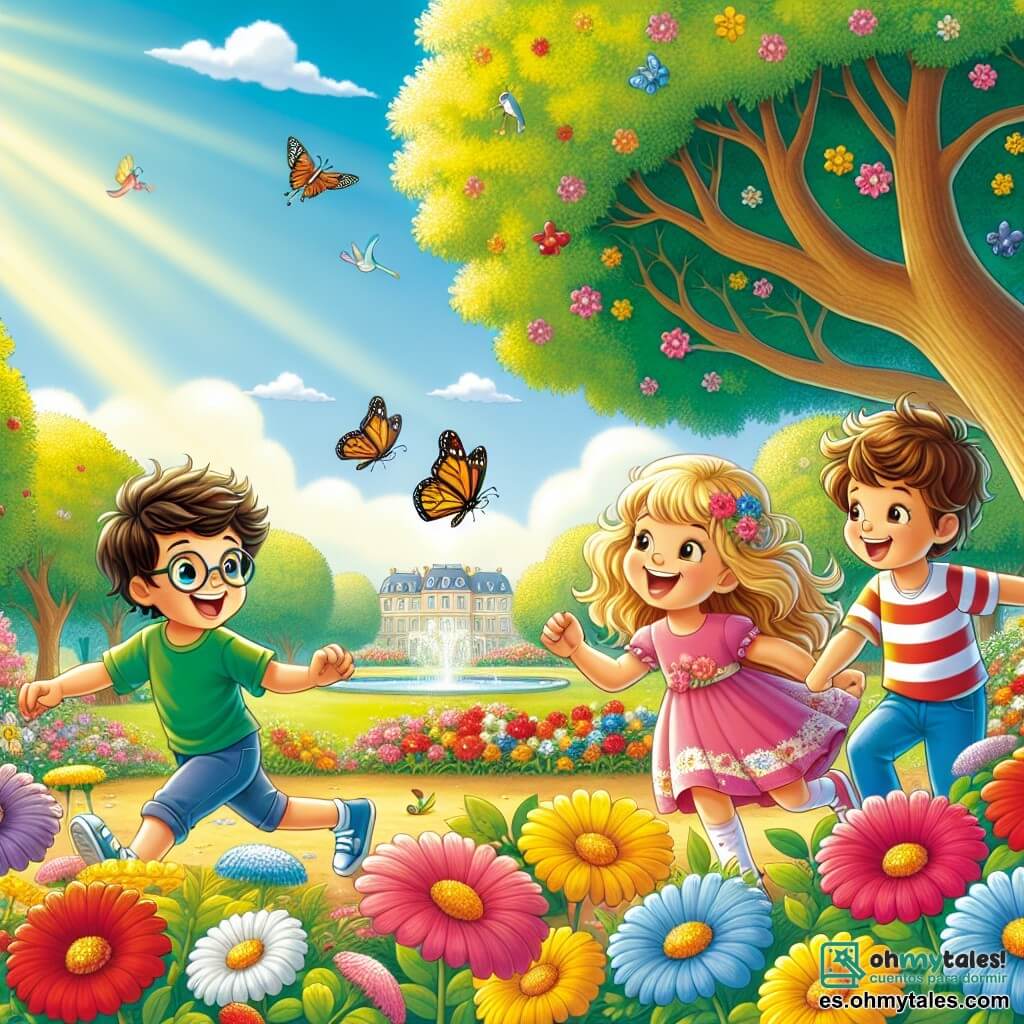 Ilustración que representa un parque soleado, lleno de flores coloridas en tonos vivos de rojo, amarillo y azul. En el centro, tres amigos juegan juntos: un niño de 7 años con cabello castaño y gafas, sonriendo alegremente, otro niño de 6 años con cabello rubio y una camiseta verde, corriendo tras una mariposa, y una niña de 7 años con cabello largo y rizado, vestida con un vestido rosa, que ríe al mirarlos. La escena captura el momento en que los amigos se divierten persiguiendo la mariposa que vuela sobre ellos, rodeados de mariposas y majestuosos árboles. El cielo es azul con algunas nubes blancas, y pájaros vuelan al fondo, añadiendo un toque de vida a este hermoso día de amistad.