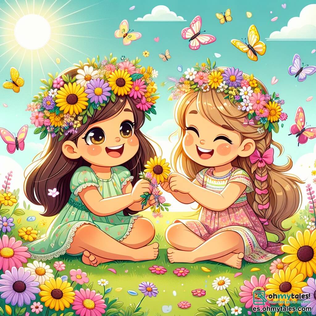 Ilustración que representa un jardín soleado, lleno de flores coloridas en tonos vivos de amarillo, rosa y violeta, con mariposas volando alegremente alrededor. En el centro de la imagen, una niña de 2 años, con largos cabellos castaños y ojos brillantes, está sentada en la hierba verde. Lleva un vestido ligero con estampado floral y sonríe mientras sostiene una corona de flores que acaba de crear. A su lado, otra niña de 2 años, con cabello rubio y trenzas, le está colocando una corona de flores en la cabeza. Las dos niñas ríen juntas, rodeadas de flores y luz solar, creando una atmósfera alegre y amigable. Al fondo, se puede ver un cielo azul claro con algunas nubes blancas y esponjosas, que añaden suavidad a la escena.