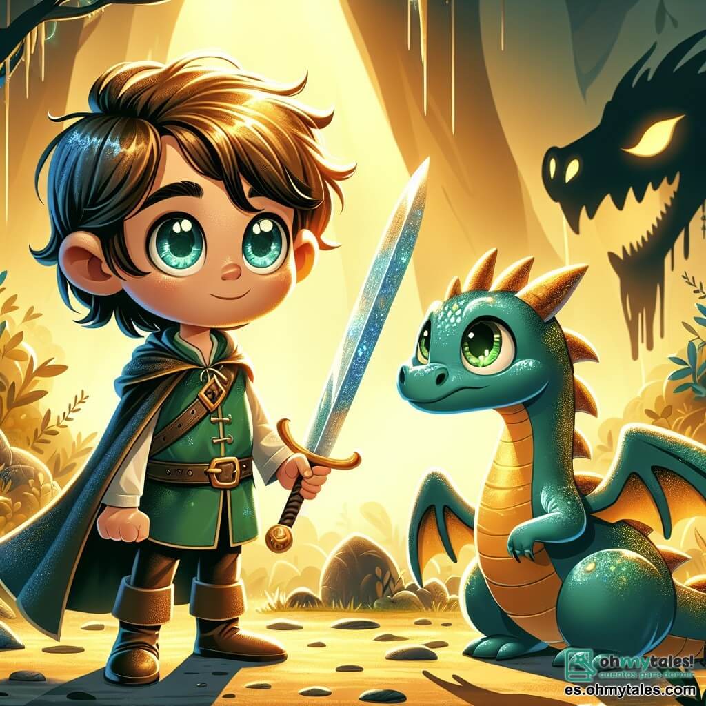 Une illustration sous forme de dessin destinée aux enfants représentant un clair de forêt enchantée, baigné de lumière dorée, où un garçon de 11 ans aux cheveux châtains et aux yeux pétillants, vêtu d'une tunique verte et portant une épée scintillante, se tient courageusement face à un petit dragon bleu aux écailles brillantes et aux yeux émeraude, tandis qu'une ombre menaçante se profile derrière eux, symbolisant le maléfique Zoltar, créant une atmosphère d'aventure et de magie.