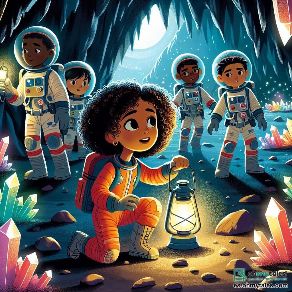 Une illustration sous forme de dessin destinée aux enfants représentant une caverne mystérieuse sur le planète Gliese 581g, où une jeune fille aux cheveux bouclés et à la combinaison spatiale brillante utilise une lampe pour éclairer le chemin, entourée de cristaux colorés qui scintillent dans l'obscurité, tandis qu'un groupe d'astronautes, tous des hommes en combinaisons spatiales, l'aide à dégager des débris pour sauver un de leurs camarades coincé, créant une atmosphère d'aventure et de camaraderie dans un monde extraterrestre fascinant.