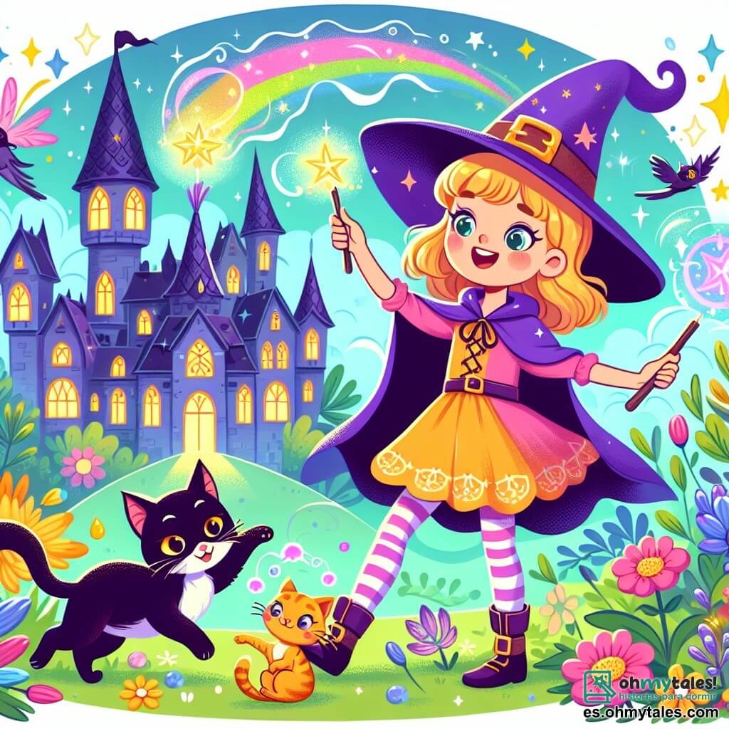 Une illustration destinée aux enfants représentant une apprentie sorcière pleine d'énergie lançant des sorts loufoques avec l'aide d'un chat malicieux dans une école de magie enchantée, avec des tours étincelantes et des jardins fleuris aux couleurs vives.