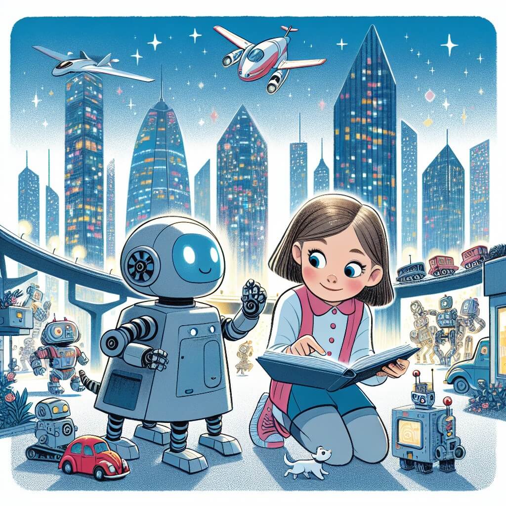 Une illustration destinée aux enfants représentant une jeune fille curieuse, vivant dans une ville futuriste remplie de gratte-ciels étincelants et de voitures volantes, accompagnée de son fidèle robot de compagnie, dans laquelle elle découvre un problème de coopération entre les robots qui menace le bon fonctionnement de la ville.
