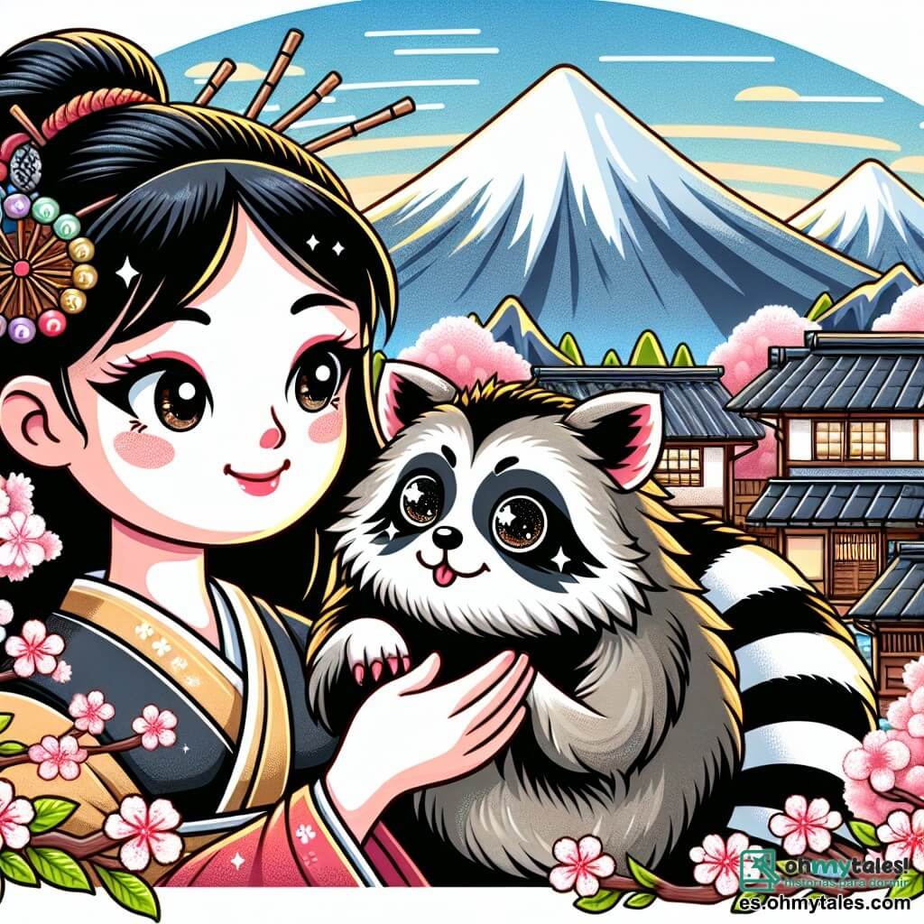 Une illustration destinée aux enfants représentant une femme aux cheveux noirs, une situation de partage et d'amitié, un tanuki malicieux aux yeux brillants, dans un petit village japonais entouré de cerisiers en fleurs et de montagnes majestueuses.