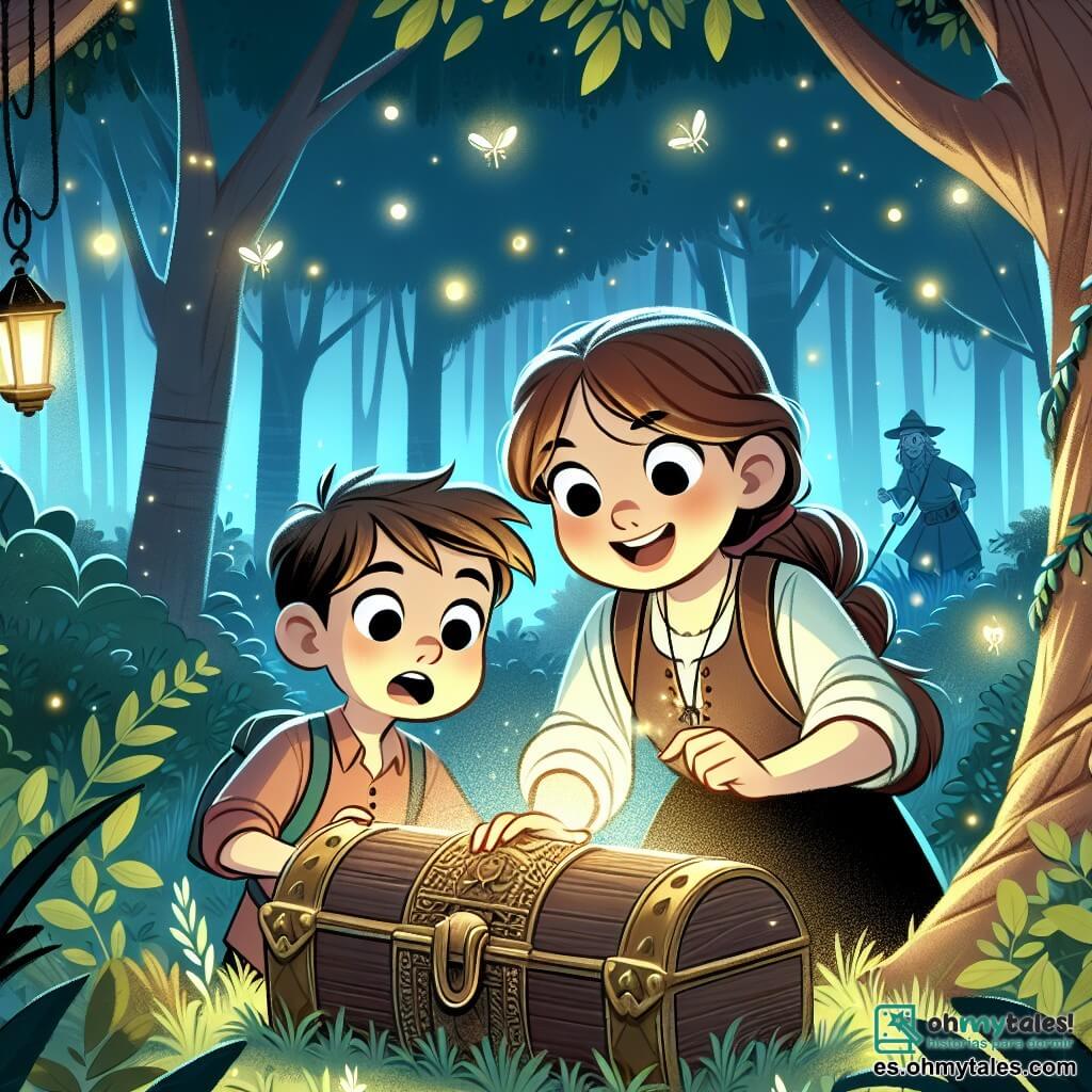 Une illustration destinée aux enfants représentant une fillette curieuse et courageuse découvrant un artefact magique dans un bosquet enchanté, accompagnée de son petit frère émerveillé, dans une clairière illuminée par des lucioles dans un royaume mystérieux et magique.