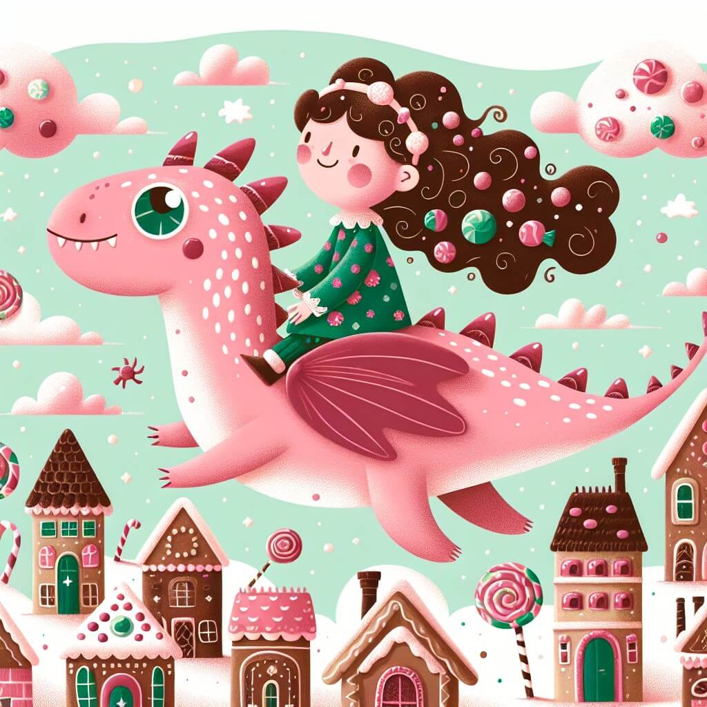 Une illustration destinée aux enfants représentant une fillette aux cheveux bouclés et aux yeux pétillants, perchée sur le dos d'un dragon rose à pois verts, naviguant dans un ciel parsemé de nuages en forme de bonbons, au-dessus d'une ville aux maisons en pain d'épice et aux rues pavées de chocolat, appelée Sucrerieville.