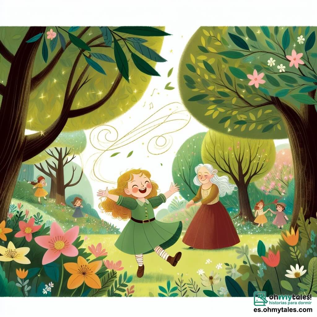 Une illustration destinée aux enfants représentant une jeune fille joyeuse explorant un parc enchanté avec sa maman, où les arbres sont remplis de feuilles vertes brillantes et les fleurs dansent avec le vent, lors du festival de la primavera dans le village de San Jorge.