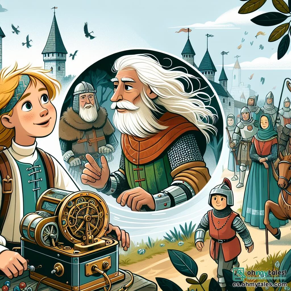 Une illustration destinée aux enfants représentant une jeune fille curieuse et courageuse, voyageant à travers le temps avec l'aide d'une machine mystérieuse, accompagnée d'un sage ancien, dans un village médiéval entouré de caballeros y damas con vestimentas antiguas.