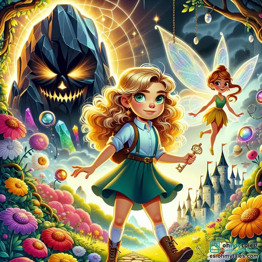 Une illustration sous forme de dessin destinée aux enfants représentant un vaste et enchanteur royaume magique, avec des arbres aux couleurs vives et des fleurs chantantes, où une fille de 11 ans aux cheveux bouclés dorés et aux yeux verts pétillants se tient courageusement devant un grand rocher lumineux, tenant une clé dorée dans sa main, tandis qu'une petite fée aux ailes scintillantes et au sourire malicieux flotte à ses côtés, les deux personnages déterminés à récupérer le Cristal de la Vérité volé par un sombre sorcier, avec des ombres menaçantes en arrière-plan, symbolisant les défis qu'elles doivent surmonter ensemble.