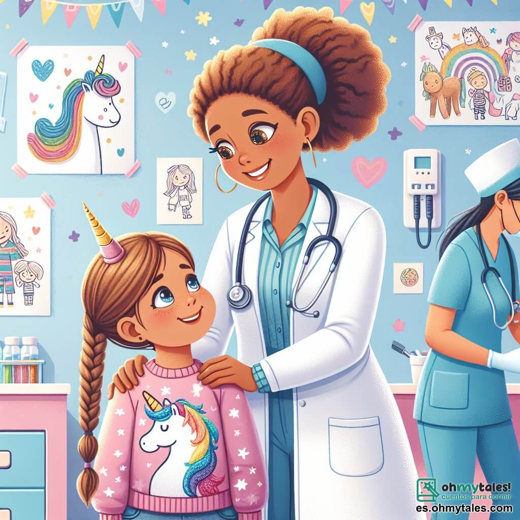 Une illustration sous forme de dessin destinée aux enfants représentant une clinique colorée et accueillante, avec des murs ornés de dessins d'enfants, où une femme médecin aux cheveux bouclés et aux yeux pétillants examine une petite fille aux tresses, vêtue d'un gilet de licorne, tandis qu'une infirmière souriante, avec un uniforme bleu, prépare des fournitures médicales à l'arrière-plan, capturant l'instant où la médecin rassure la fillette, transformant une visite chez le docteur en une aventure joyeuse et réconfortante.