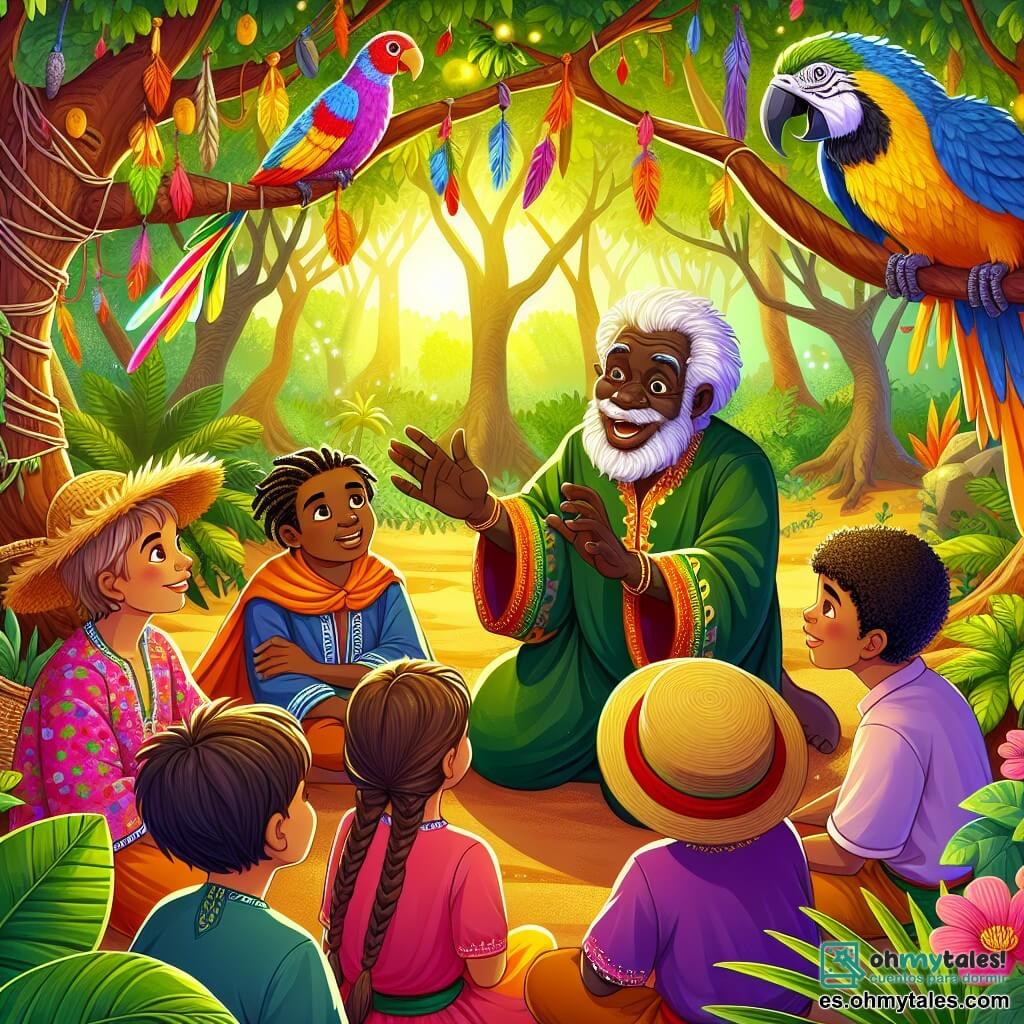 Une illustration sous forme de dessin destinée aux enfants représentant une scène vibrante dans une forêt enchantée d'Afrique, où un homme âgé à la peau sombre et aux cheveux blancs, vêtu d'une tunique colorée, raconte une histoire captivante à un groupe de jeunes enfants aux visages émerveillés, dont une fille aux cheveux tressés et un garçon portant un chapeau en paille, tandis qu'un perroquet coloré se perche sur une branche, ajoutant une touche de magie à l'atmosphère ensoleillée et joyeuse de cette rencontre pleine de sagesse et d'amitié.