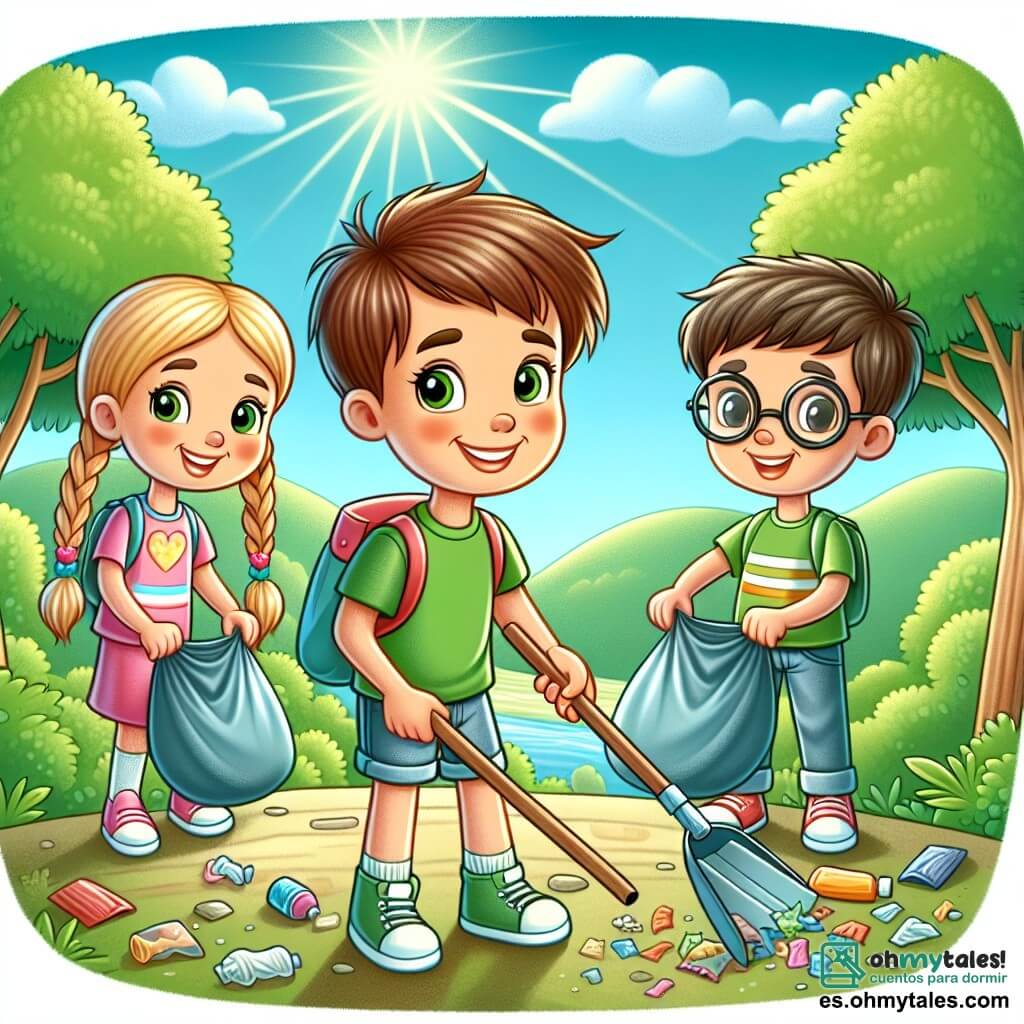 Une illustration sous forme de dessin destinée aux enfants représentant un parc verdoyant sous un ciel bleu éclatant, avec un garçon de 11 ans aux cheveux bruns et aux yeux pétillants, vêtu d'un t-shirt vert et de shorts, en train de ramasser des déchets avec enthousiasme, tandis qu'une fille aux cheveux blonds tressés et un garçon aux lunettes rondes l'aident en tenant des sacs poubelles colorés, tous souriant et unis dans leur mission de nettoyage pour protéger la nature et sensibiliser à l'importance de préserver l'environnement.
