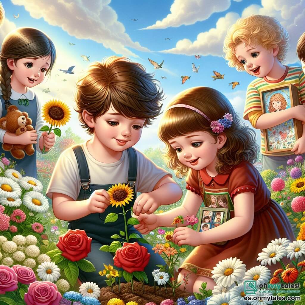 Ilustración que representa un jardín en plena floración, lleno de flores coloridas como margaritas blancas, rosas rojas y girasoles amarillos. Al fondo, un cielo azul claro con algunas nubes blancas esponjosas, creando una atmósfera pacífica y alegre. En el centro de la imagen, un niño de nueve años, con el cabello castaño desordenado y una dulce sonrisa, está plantando con cuidado una pequeña flor. A su lado, una niña de su edad, con cabello largo y rizado, lleva un vestido colorido y mira con ternura al niño, sosteniendo una caja de recuerdos llena de fotos. Otro niño, un poco más grande, con gafas y cabello rubio, ríe mientras sostiene un dibujo que hizo, representando un dragón, mientras una niña de cabello corto y castaño, con una mirada seria pero benevolente, observa la escena sosteniendo un mapa que crearon juntos. La situación principal muestra a estos niños unidos en un momento de compartir y recordar, plantando flores en homenaje a un ser querido que ha fallecido, simbolizando el amor y el recuerdo. Mariposas coloridas vuelan a su alrededor, añadiendo un toque de magia y ligereza a esta escena emotiva.