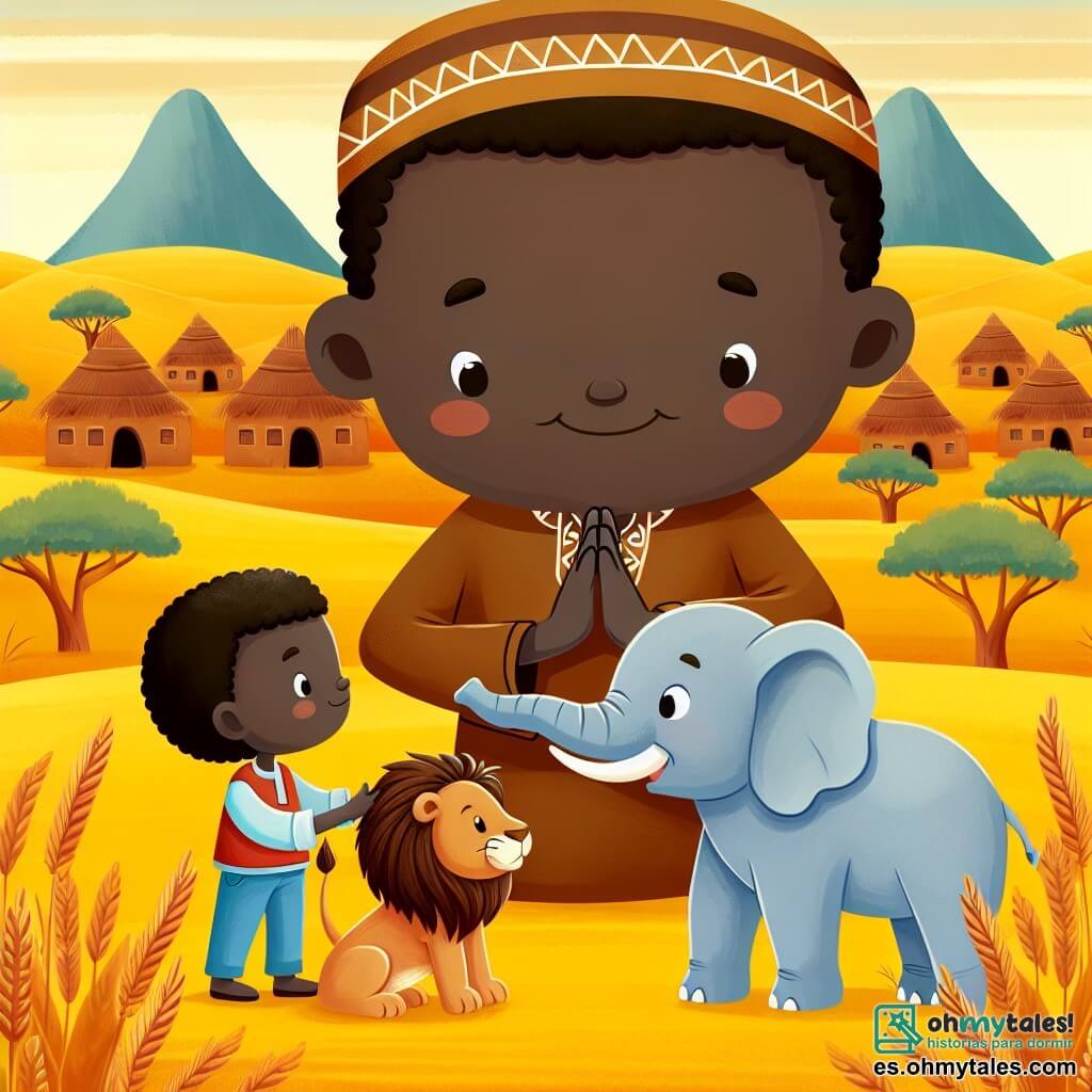 Une illustration destinée aux enfants représentant un homme sage et bienveillant, se trouvant au cœur d'un village africain entouré de vastes plaines dorées, où il résout un conflit entre un lion et un éléphant, symbolisant ainsi la justice et l'amitié dans les contes africains.