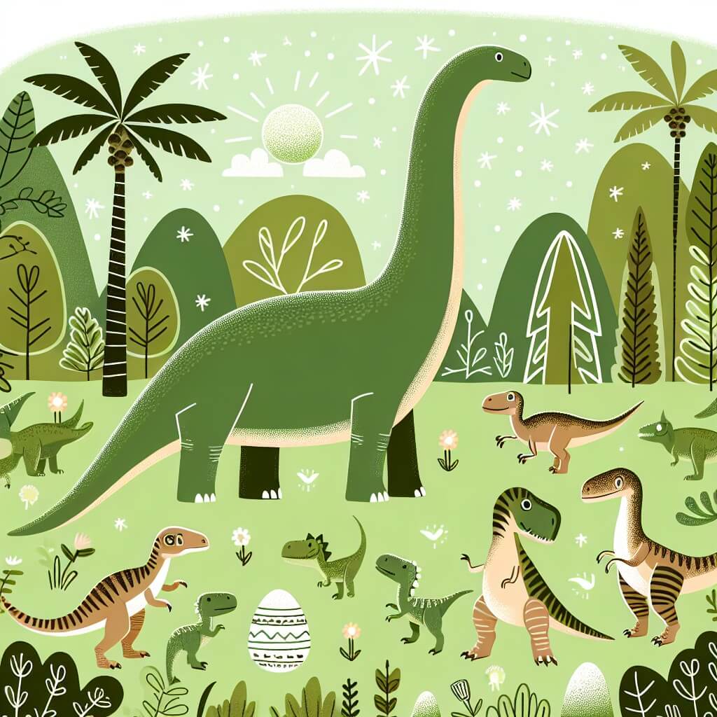 Une illustration destinée aux enfants représentant un majestueux diplodocus, se tenant fièrement au milieu d'une luxuriante prairie verdoyante peuplée de diverses espèces de dinosaures, tandis qu'un mystérieux œuf attire son attention et qu'un petit velociraptor curieux se tient à ses côtés.