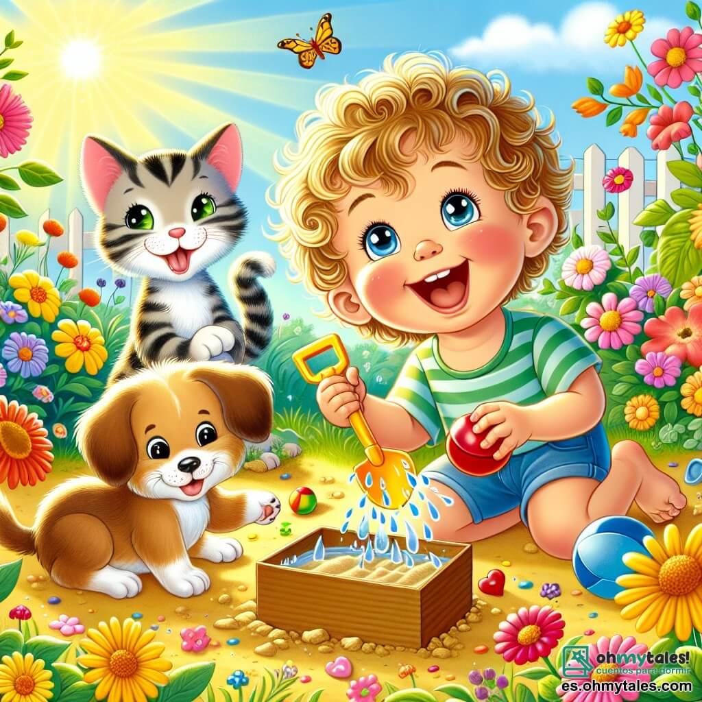 Une illustration sous forme de dessin destinée aux enfants représentant un jardin ensoleillé rempli de fleurs colorées, avec un garçon de 1 an aux cheveux bouclés et aux yeux pétillants, riant joyeusement en tenant une petite pelle en plastique, entouré d'une petite chatte tigrée aux yeux verts qui joue avec une balle rouge et d'un chien aux grandes oreilles, au pelage doré, qui se régale avec des biscuits, alors qu'ils découvrent ensemble une boîte brillante enfouie dans le sol, symbolisant l'amitié et l'aventure.