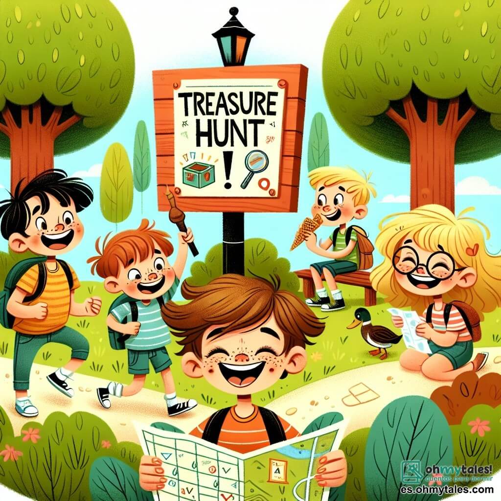 Une illustration sous forme de dessin destinée aux enfants représentant un parc ensoleillé avec des arbres verdoyants et un grand panneau coloré annonçant une "Búsqueda del Tesoro", où un garçon de 11 ans, aux cheveux ébouriffés et aux taches de rousseur, sourit joyeusement tout en tenant une carte au trésor, entouré de ses amis : une fille aux lunettes et aux cheveux bruns qui lit une piste avec enthousiasme, un garçon corpulent en train de manger une gaufre avec un grand sourire, et un petit garçon aux cheveux blonds qui rit en essayant d'attraper un canard dans le parc, tous prêts à vivre une aventure pleine de rires et de surprises.