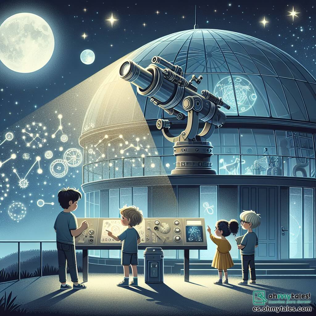 Ilustración que representa un observatorio lunar en plena noche, con un gran telescopio apuntando hacia un cielo estrellado lleno de constelaciones brillantes. El edificio es circular, con paredes de vidrio y luces suaves que iluminan el interior, creando una atmósfera mágica y misteriosa. Tres niños están en el centro de la imagen: un niño de nueve años con cabello castaño desordenado, que lleva una camiseta azul y un pantalón corto, mirando con asombro a través del telescopio. A su lado, una niña de nueve años con cabello rizado y un vestido amarillo, sosteniendo un cuaderno de bocetos donde dibuja estrellas y planetas. Finalmente, otro niño de nueve años, con gafas y cabello negro, que manipula botones en un panel de control, con aire concentrado y entusiasta. La escena muestra a los niños descubriendo un mensaje extraterrestre proyectado en una pantalla, con símbolos luminosos flotando en el aire, mientras una luz suave ilumina sus rostros maravillados. En el fondo, posters de galaxias y planetas adornan las paredes, añadiendo un toque de aventura y curiosidad a la atmósfera.
