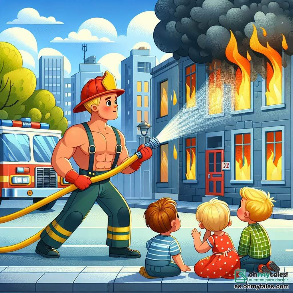 Une illustration sous forme de dessin destinée aux enfants représentant une scène dynamique dans une rue animée, où un pompier courageux, un homme musclé avec un casque rouge brillant et une grande manguera, arrose un feu qui crépite dans un bâtiment en arrière-plan, tandis qu'un groupe de trois enfants, deux garçons aux cheveux blonds et une fille aux cheveux bruns, regardent avec admiration et curiosité, apprenant l'importance de la sécurité face au feu, le tout sous un ciel bleu ensoleillé et avec des arbres verdoyants autour.