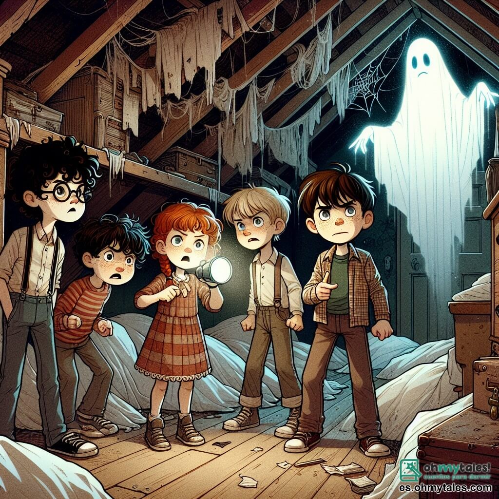 Une illustration sous forme de dessin destinée aux enfants représentant l'intérieur d'une vieille mansarde poussiéreuse, avec des murs couverts de toiles d'araignées et des meubles recouverts de draps blancs, où un groupe de quatre enfants de 11 ans (deux garçons et deux filles) se tient courageusement au centre : un garçon aux cheveux bruns et bouclés, portant une lampe de poche, une fille aux cheveux blonds tressés, observant avec curiosité, un garçon aux lunettes et aux cheveux raides, affichant une expression d'inquiétude, et une fille aux cheveux roux, déterminée, qui s'avance en pointant du doigt une ombre menaçante dans un coin sombre, tandis qu'un esprit translucide et lumineux, flottant derrière eux, les observe avec bienveillance, illuminant la scène d'une lueur douce et mystérieuse.