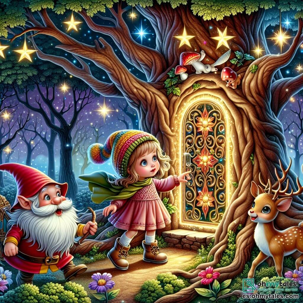 Une illustration destinée aux enfants représentant une petite fille curieuse découvrant une porte magique dans un vieux roble, accompagnée d'un duende malicieux et d'un renne joyeux, dans un bosque encantado illuminé de lumières colorées et d'étoiles scintillantes.