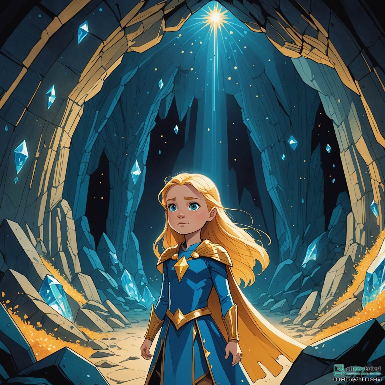 Une illustration destinée aux enfants représentant une jeune fille aux cheveux dorés scintillants comme des rayons de soleil, vêtue d'un costume bleu éclatant qui brille dans l'obscurité, se tenant courageusement devant une caverne étincelante remplie de cristaux colorés, où elle doit affronter un homme mystérieux et menaçant, enveloppé d'ombres, qui menace de plonger sa ville lumineuse dans l'obscurité éternelle.