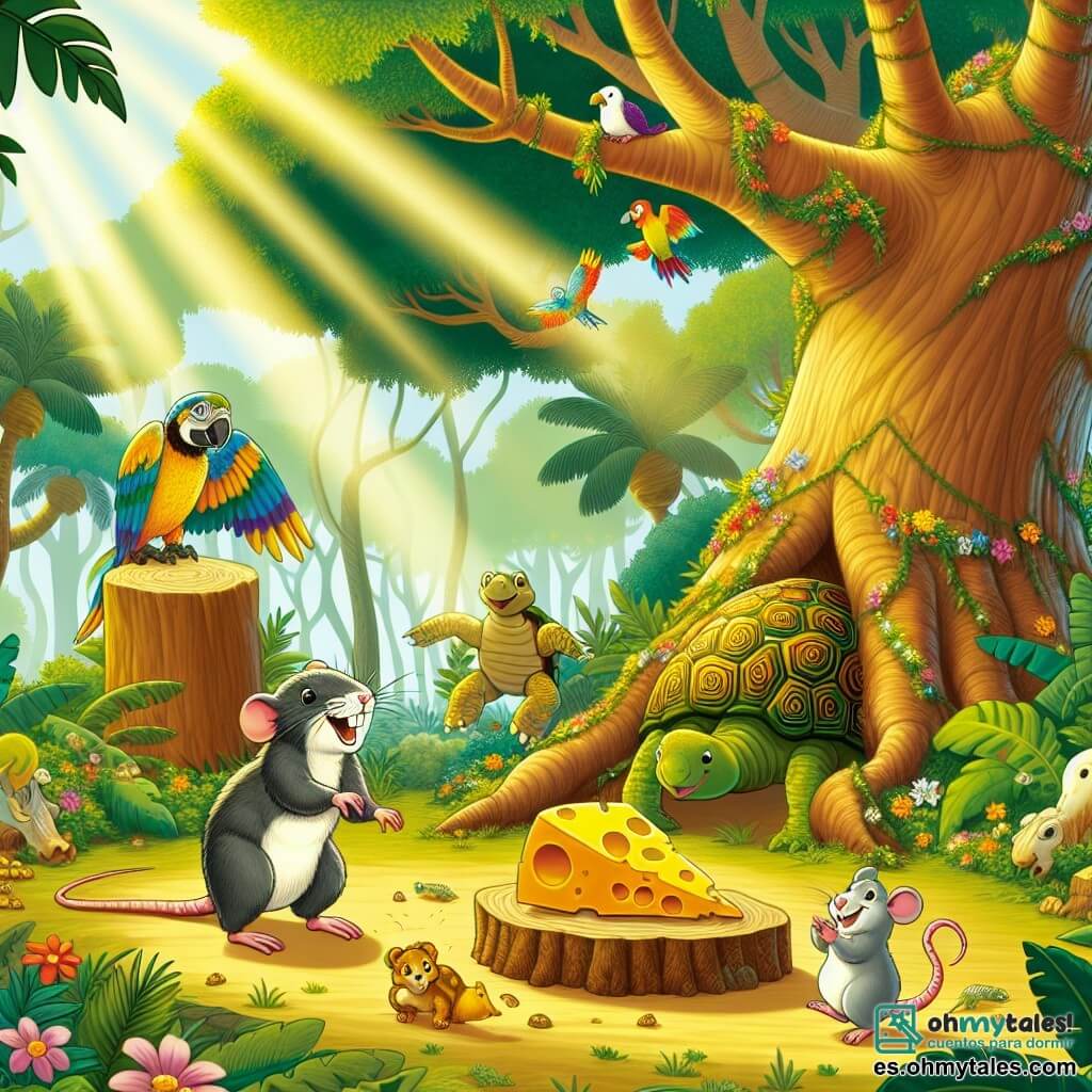 Ilustración que representa un claro soleado en la jungla, donde grandes árboles de troncos gruesos se elevan majestuosamente, sus hojas verdes creando un juego de sombras y luces sobre el suelo cubierto de flores coloridas. En el centro, un pequeño ratón de pelaje gris, con ojos brillantes y curiosos, danza alegremente alrededor de un gran tronco de madera cubierto de flores, sosteniendo en sus patas un trozo de queso dorado que brilla bajo el sol. Cerca, una tortuga sabia con un caparazón adornado con patrones coloridos, de aspecto amigable y alegre, aplaude al ritmo, mientras un loro de plumas brillantes, posado en una rama, ríe y hace piruetas en el aire. La escena irradia una atmósfera de fiesta y camaradería, con animales de la jungla que bailan y se divierten juntos, creando un ambiente alegre y festivo.