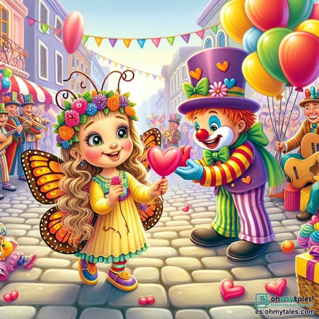 Une illustration destinée aux enfants représentant une petite fille déguisée en mariposa, émerveillée par la parade de carnaval, accompagnée d'un joyeux payaso offrant des ballons en forme de cœur, dans une rue colorée et animée, avec des musiciens et des malabaristes en arrière-plan.