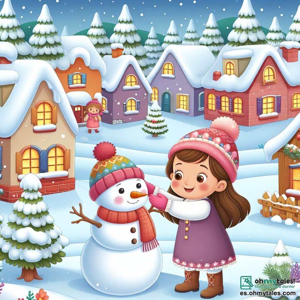 Une illustration destinée aux enfants représentant une jeune fille joyeuse, construisant un muñeco de nieve avec l'aide de son ami, dans un village enneigé entouré de maisons colorées et de grands sapins.