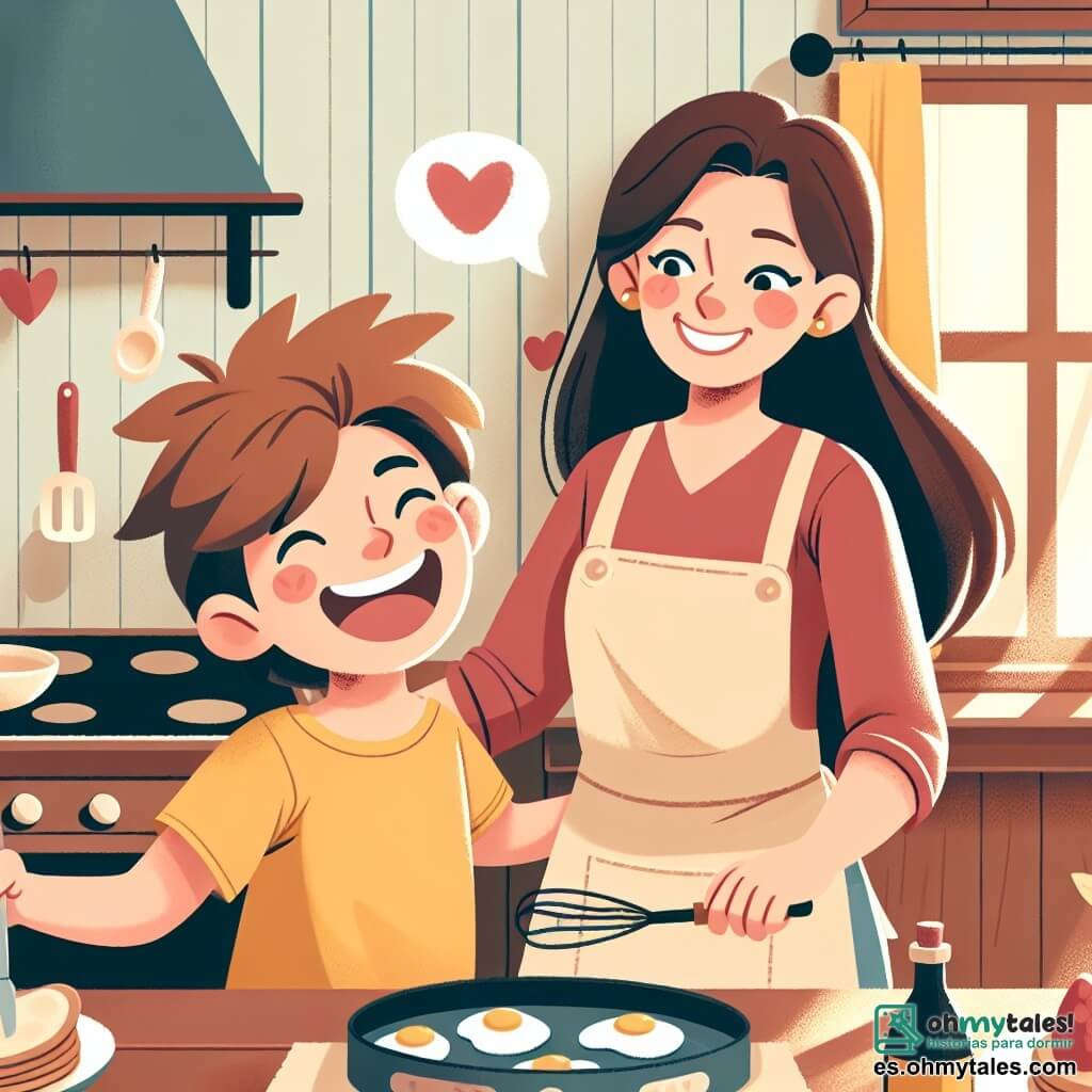 Une illustration destinée aux enfants représentant un garçon plein d'enthousiasme le jour de la Saint-Valentin, accompagné de sa mère (femme) préparant un délicieux petit-déjeuner dans une cuisine chaleureuse et ensoleillée.