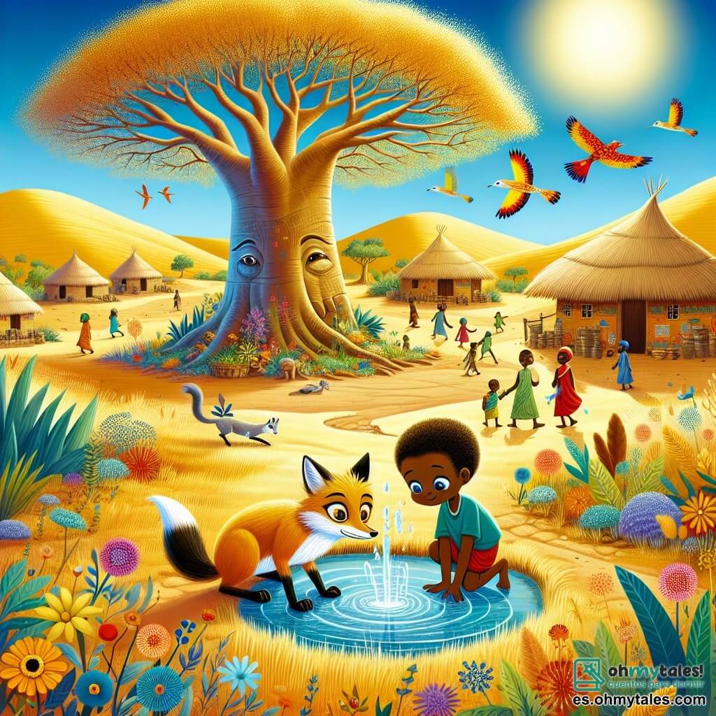 Une illustration sous forme de dessin destinée aux enfants représentant un village africain vibrant, avec des collines dorées et un grand baobab au centre, où un jeune homme aux yeux brillants et à la peau foncée, vêtu de vêtements colorés, s'agenouille près d'un manantial d'eau cristalline, tandis qu'un petit zorro à la fourrure éclatante l'observe avec curiosité, capturant le moment où le jeune homme découvre la source de sagesse pour sauver son village de la sécheresse, entouré de fleurs sauvages et d'oiseaux colorés qui volent dans un ciel bleu éclatant.
