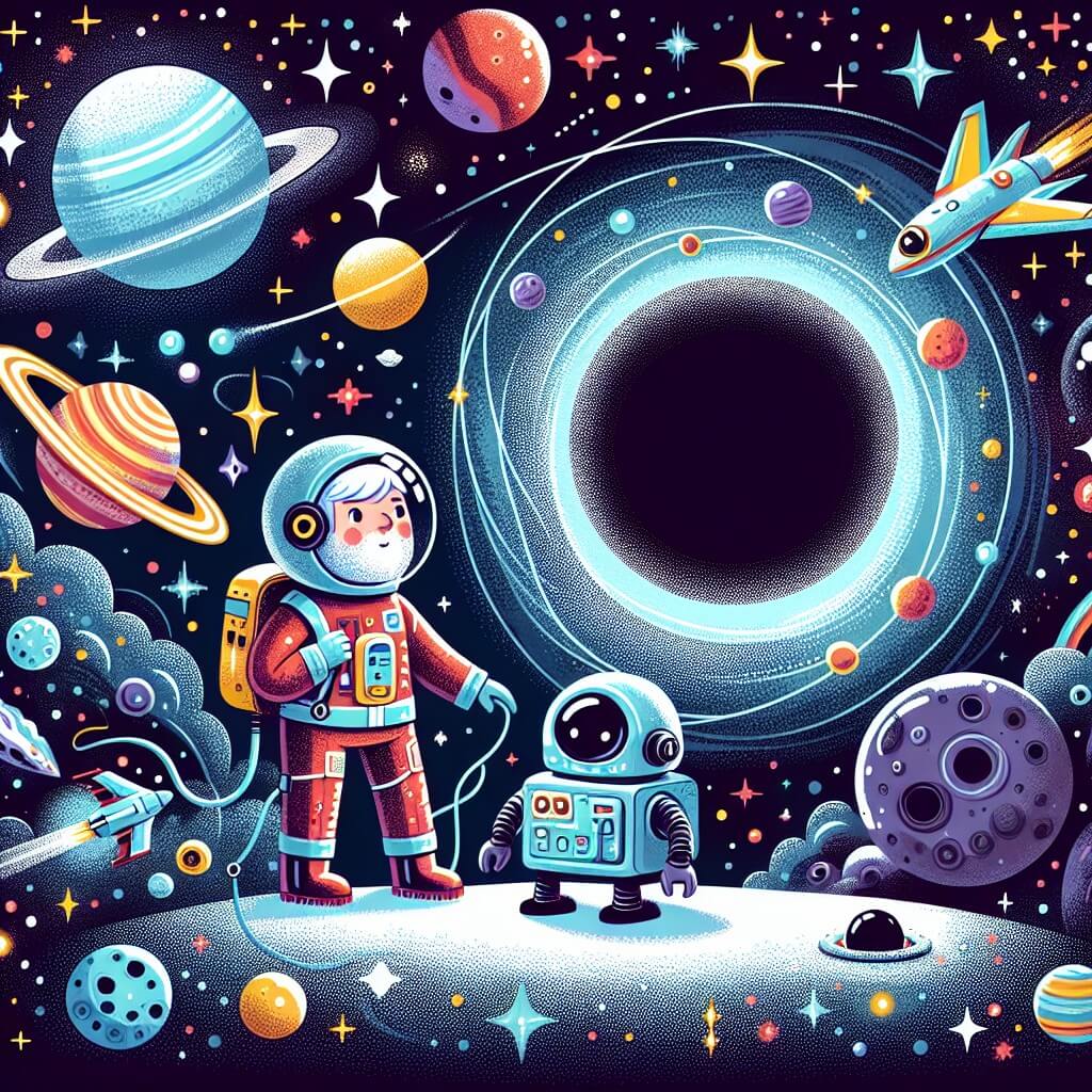 Une illustration destinée aux enfants représentant un homme intrépide, vêtu d'une combinaison spatiale colorée, entouré de planètes scintillantes et de vaisseaux spatiaux futuristes, explorant un agujero noir mystérieux avec l'aide d'un adorable robot, dans un décor cosmique rempli d'étoiles étincelantes et de nébuleuses chatoyantes.