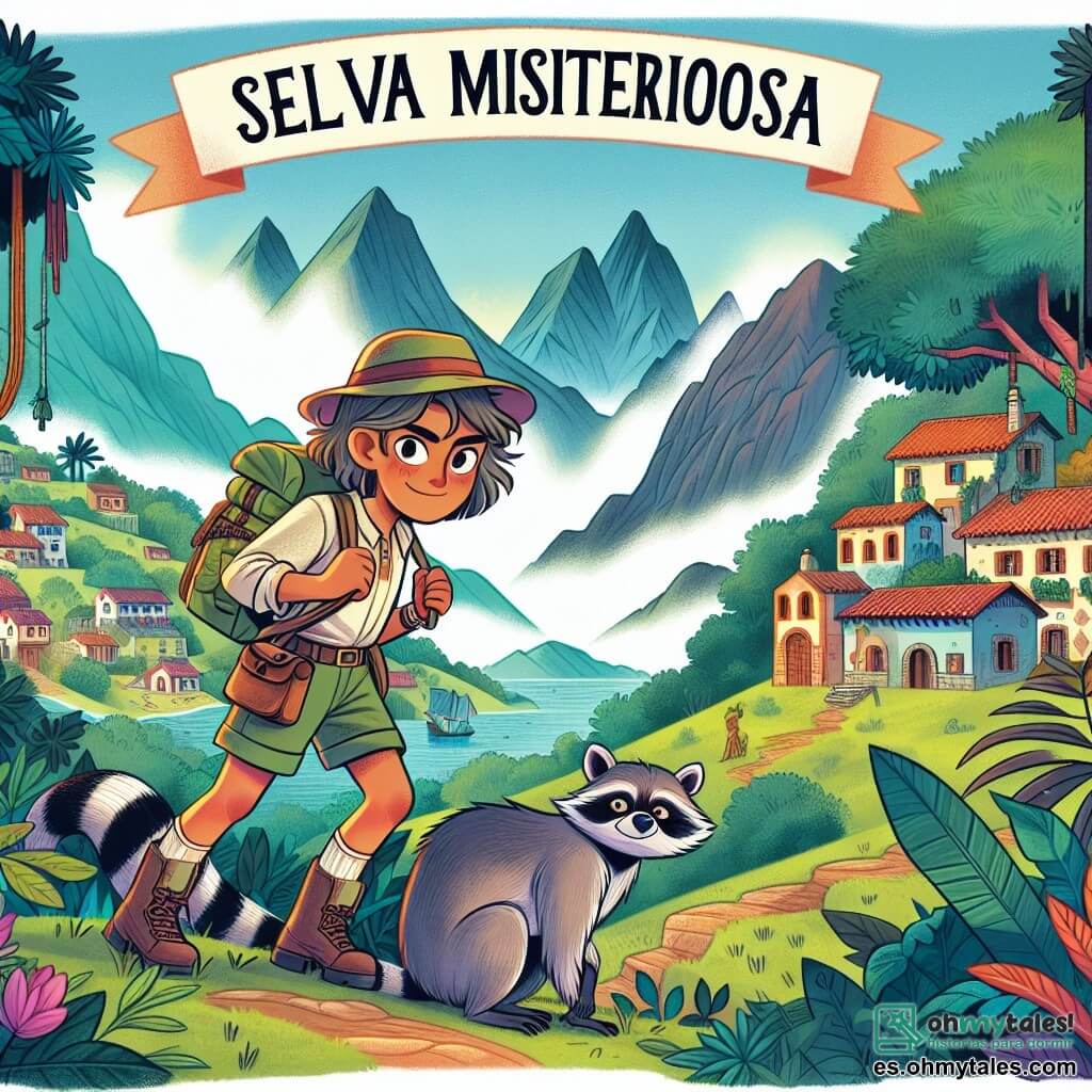 Une illustration destinée aux enfants représentant une jeune exploratrice intrépide se préparant à partir en expédition vers la mystérieuse Selva Misteriosa, accompagnée de son fidèle compagnon, un malicieux mapache, dans un village coloré entouré de montagnes verdoyantes et d'une dense forêt luxuriante.