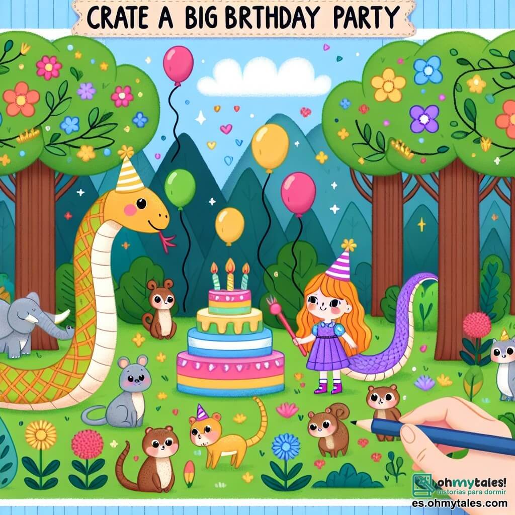 Une illustration destinée aux enfants représentant une charmante petite serpent fille organisant une grande fête d'anniversaire avec ses amis animaux dans la forêt enchantée aux arbres aux couleurs vives et aux fleurs scintillantes.