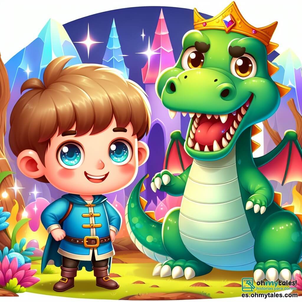 Une illustration destinée aux enfants représentant un garçon aux yeux brillants et à la bouche souriante, se tenant face à un dragon grognon, dans le coloré et magique Reino de las Maravillas.