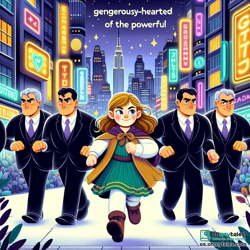 Une illustration destinée aux enfants représentant une jeune fille au cœur généreux luttant contre l'oppression des puissants, accompagnée de sept magnats vêtus de costumes sombres, dans une grande ville moderne aux rues remplies de gratte-ciel et de panneaux lumineux scintillants.