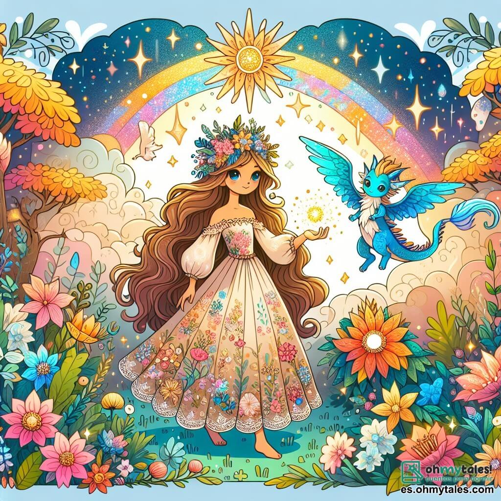 Une illustration sous forme de dessin destinée aux enfants représentant un royaume féerique vibrant de couleurs, avec des fleurs éclatantes et des arbres aux feuilles dorées, où une jeune femme aux cheveux longs et ondulés, vêtue d'une robe légère aux motifs floraux, se tient courageusement au centre, tenant une petite lumière scintillante dans sa main, tandis qu'à ses côtés, un petit dragon bleu aux yeux pétillants s'envole joyeusement, et en arrière-plan, un majestueux roi des nuages, avec une couronne de lumière, observe la scène, alors qu'ils se préparent à récupérer la magie perdue du royaume.