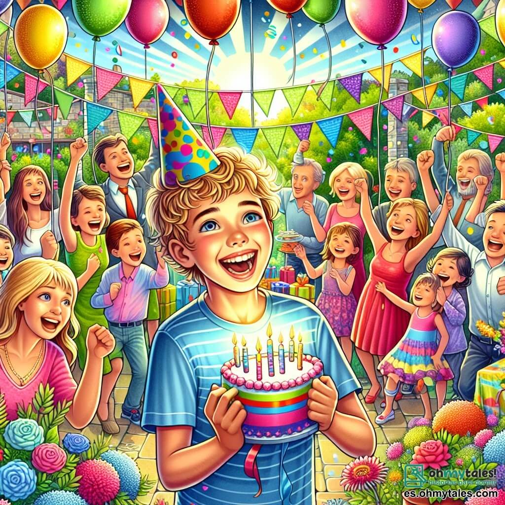Une illustration destinée aux enfants représentant un garçon plein d'énergie et d'enthousiasme, fêtant son anniversaire avec sa famille et ses amis dans un jardin coloré, décoré de ballons et de guirlandes festives.