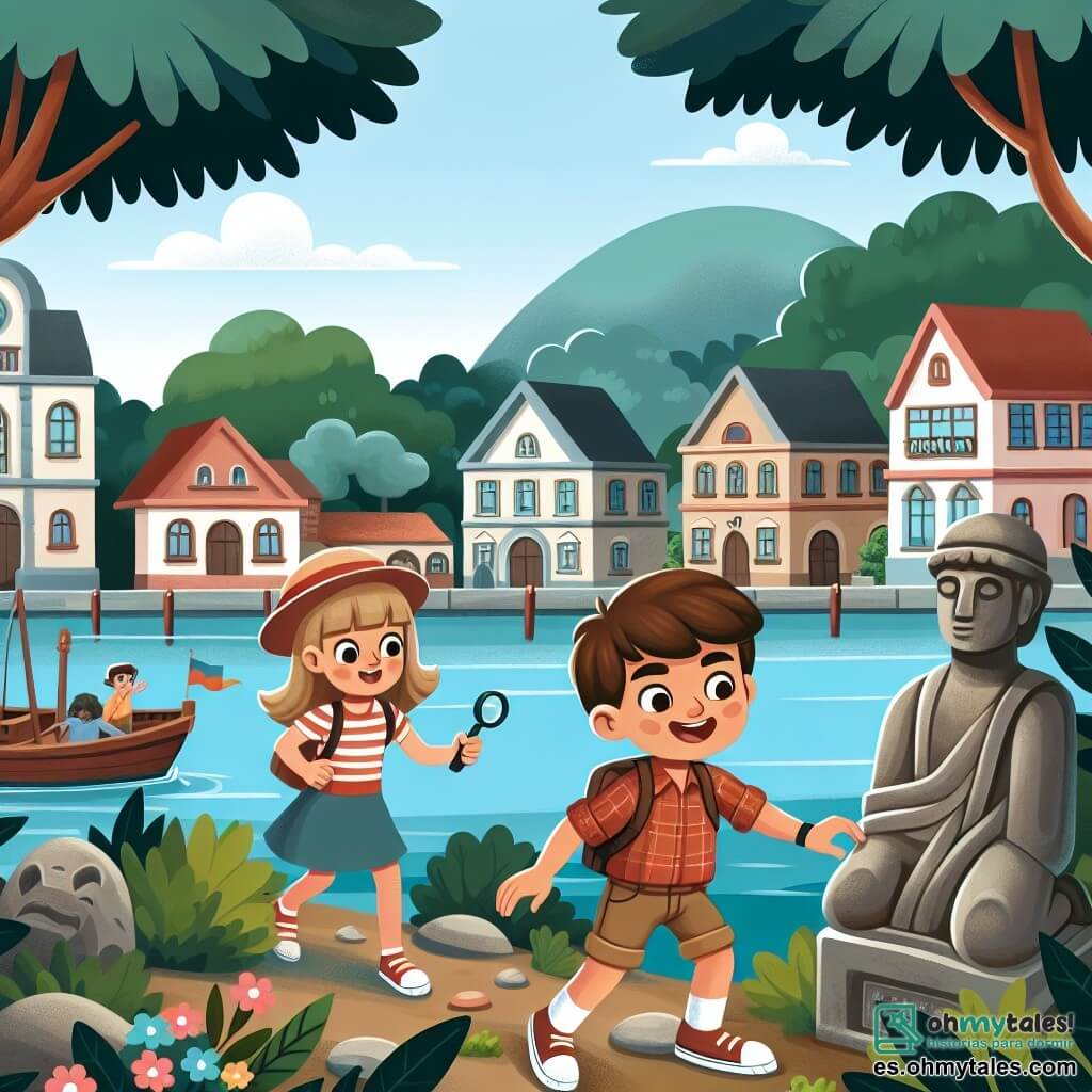 Une illustration destinée aux enfants représentant un garçon curieux et courageux, accompagné de sa meilleure amie (une fille) enquêtant sur la mystérieuse disparition d'une statue dans le paisible village de Villa Esperanza, avec des arbres luxuriants, une place animée et un vieux muelle près du río en arrière-plan.