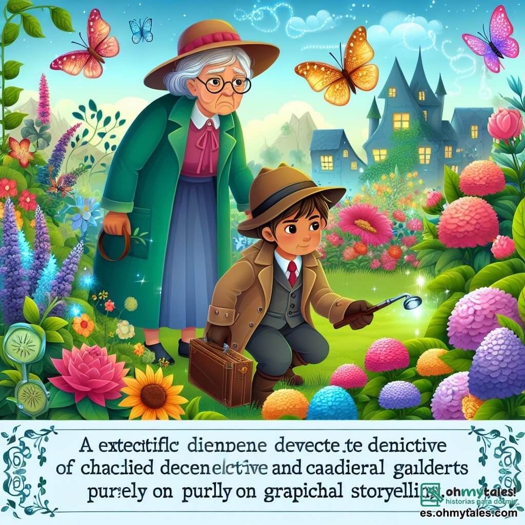 Une illustration destinée aux enfants représentant un jeune détective intrépide, une vieille dame jardinère et un jardin enchanté rempli de fleurs colorées et de papillons scintillants.