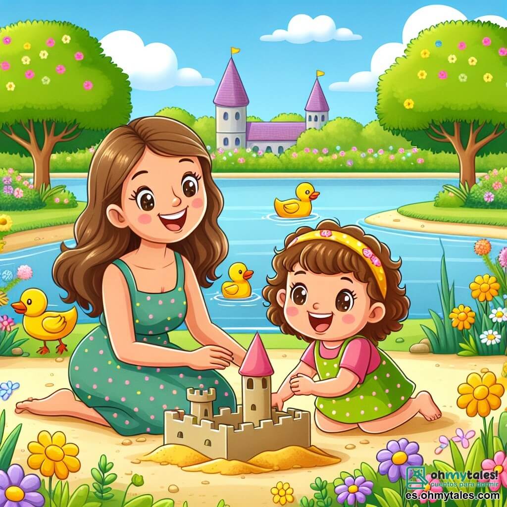 Une illustration sous forme de dessin destinée aux enfants représentant un parc en été, avec des fleurs colorées et un lac en arrière-plan, où une petite fille de 1 an aux cheveux bouclés et aux yeux pétillants joue joyeusement dans le sable, construisant un château avec sa maman, une femme souriante aux cheveux longs et bruns, tandis que des canards jaunes nagent paisiblement dans le lac, créant une atmosphère joyeuse et ensoleillée.
